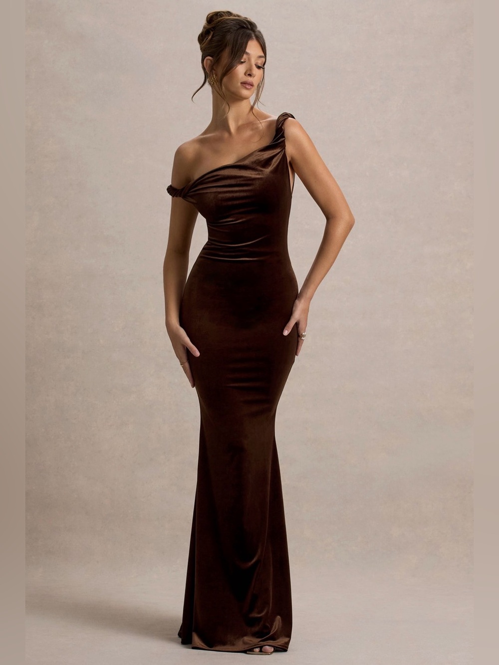 Club L London Chocolate Brown One-Shoulder Velvet Maxi Dress